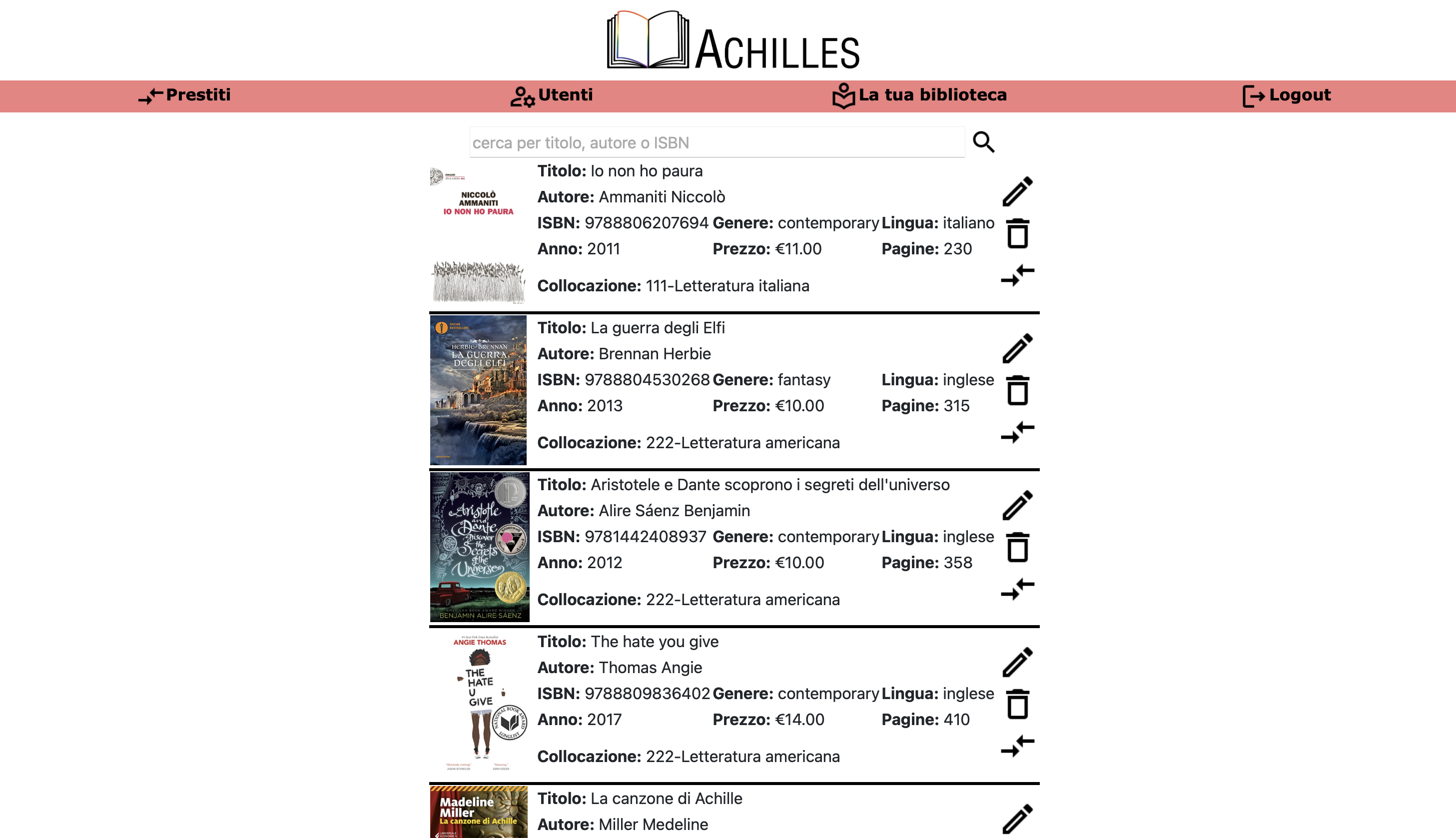 The Achilles website home page, displaying the header menu and some books